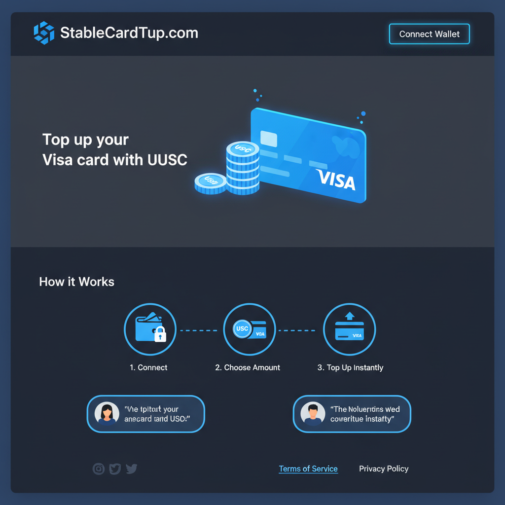 sleek website homepage for StableCardTopUp.com, modern UI with wallet connect button, USDC and Visa logos, futuristic blue tones, clean design