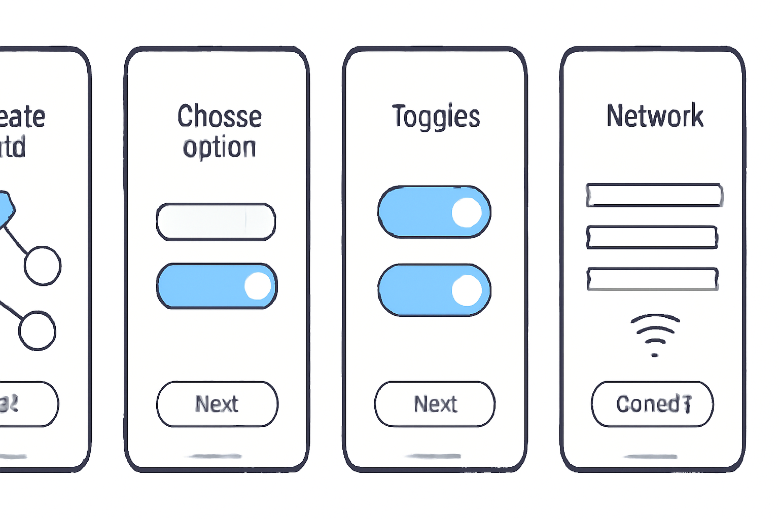A smartphone interface showing node activation steps, toggles, and network configuration screens.