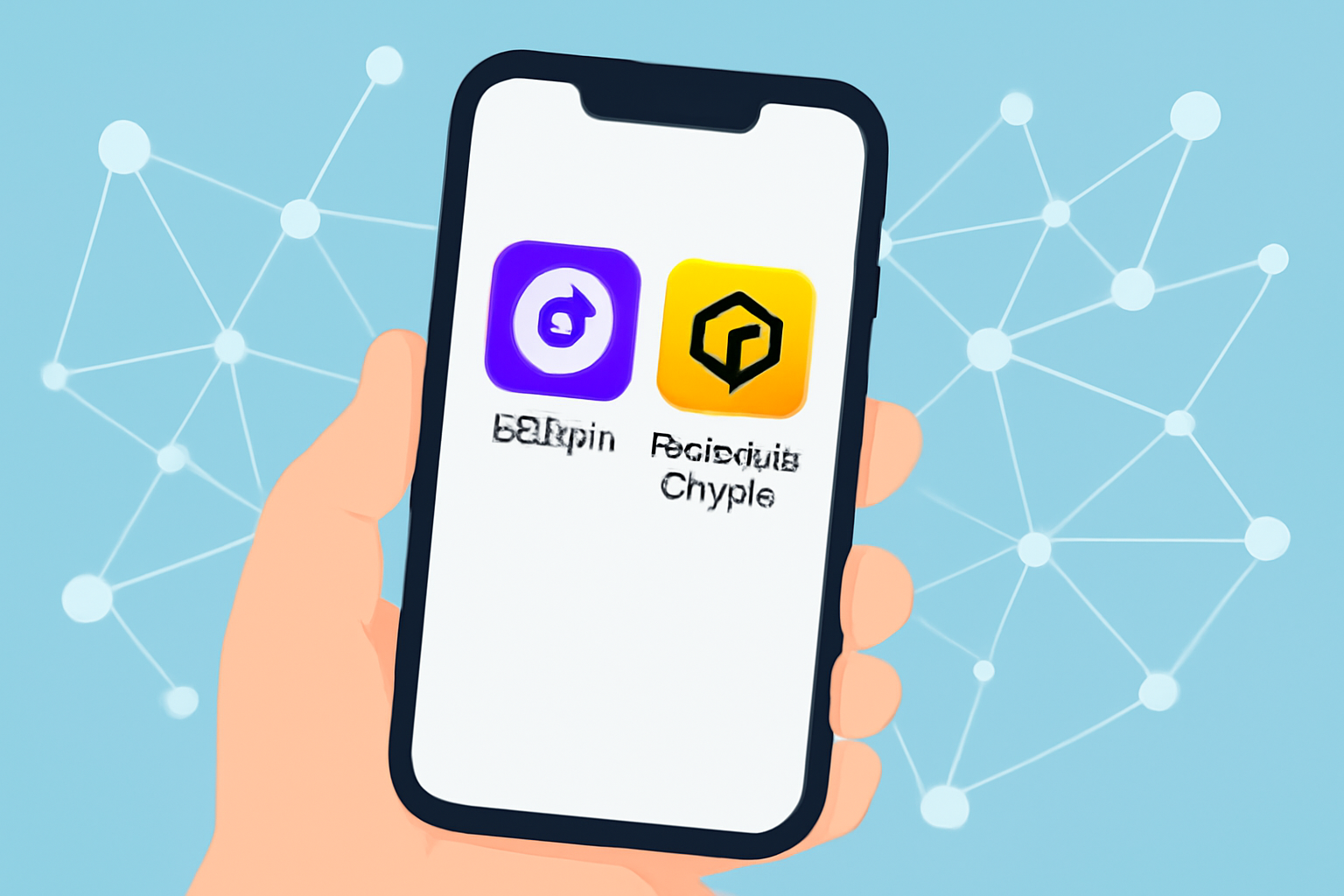 A hand holding a smartphone with app icons for Helium and Topnotch Crypto, overlaid with digital network graphics.