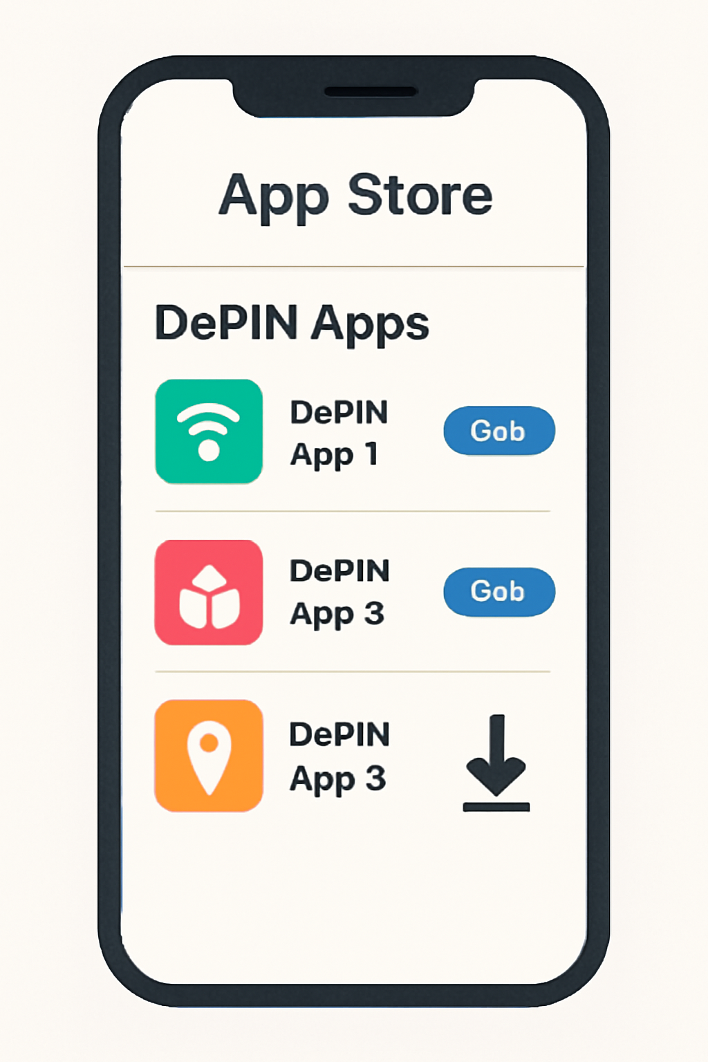 A smartphone screen displaying the app store with DePIN apps ready to download, highlighted by a download arrow.
