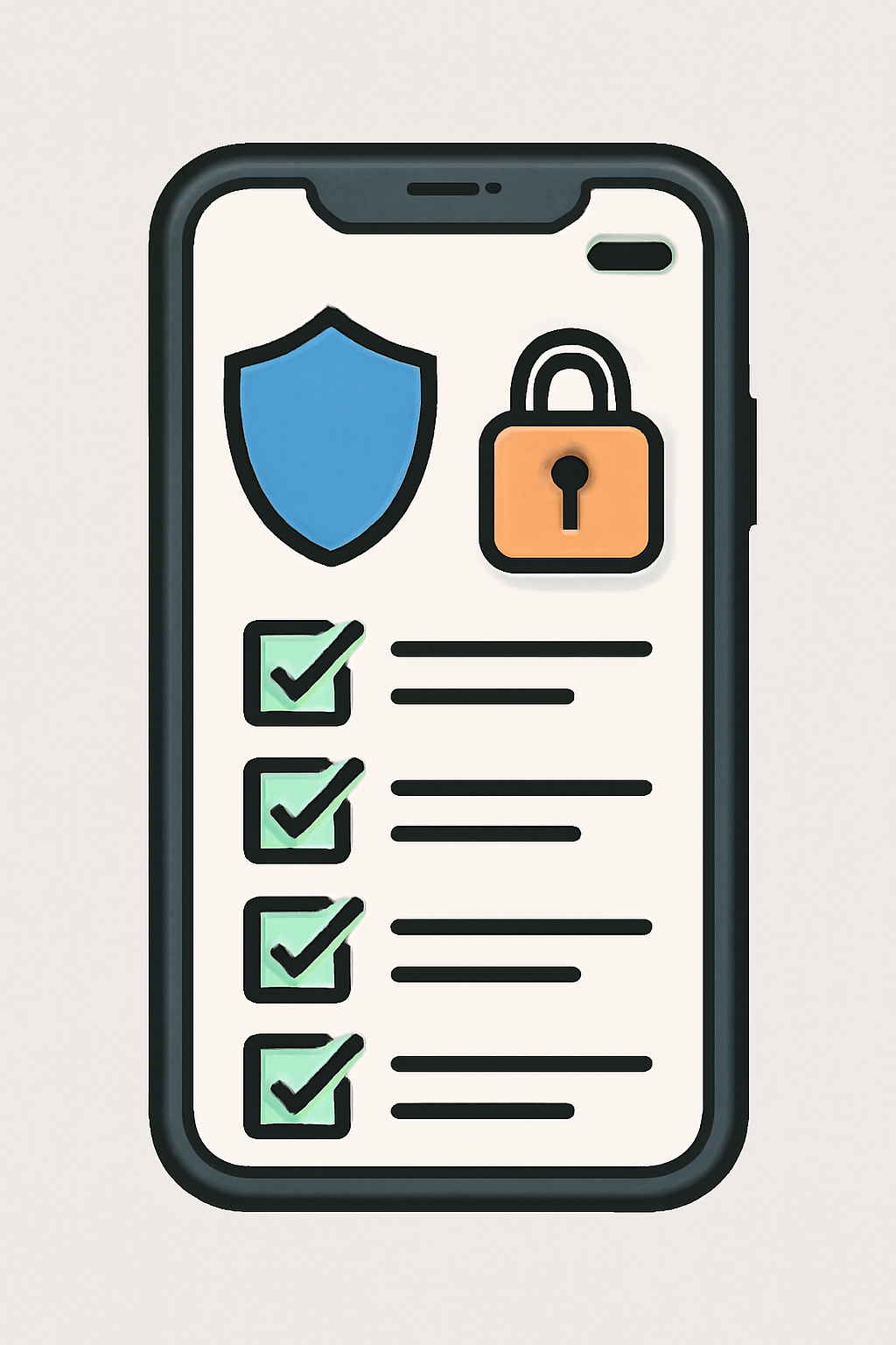 A smartphone with security icons (shield, lock), battery and data indicators, and a compliance checklist.