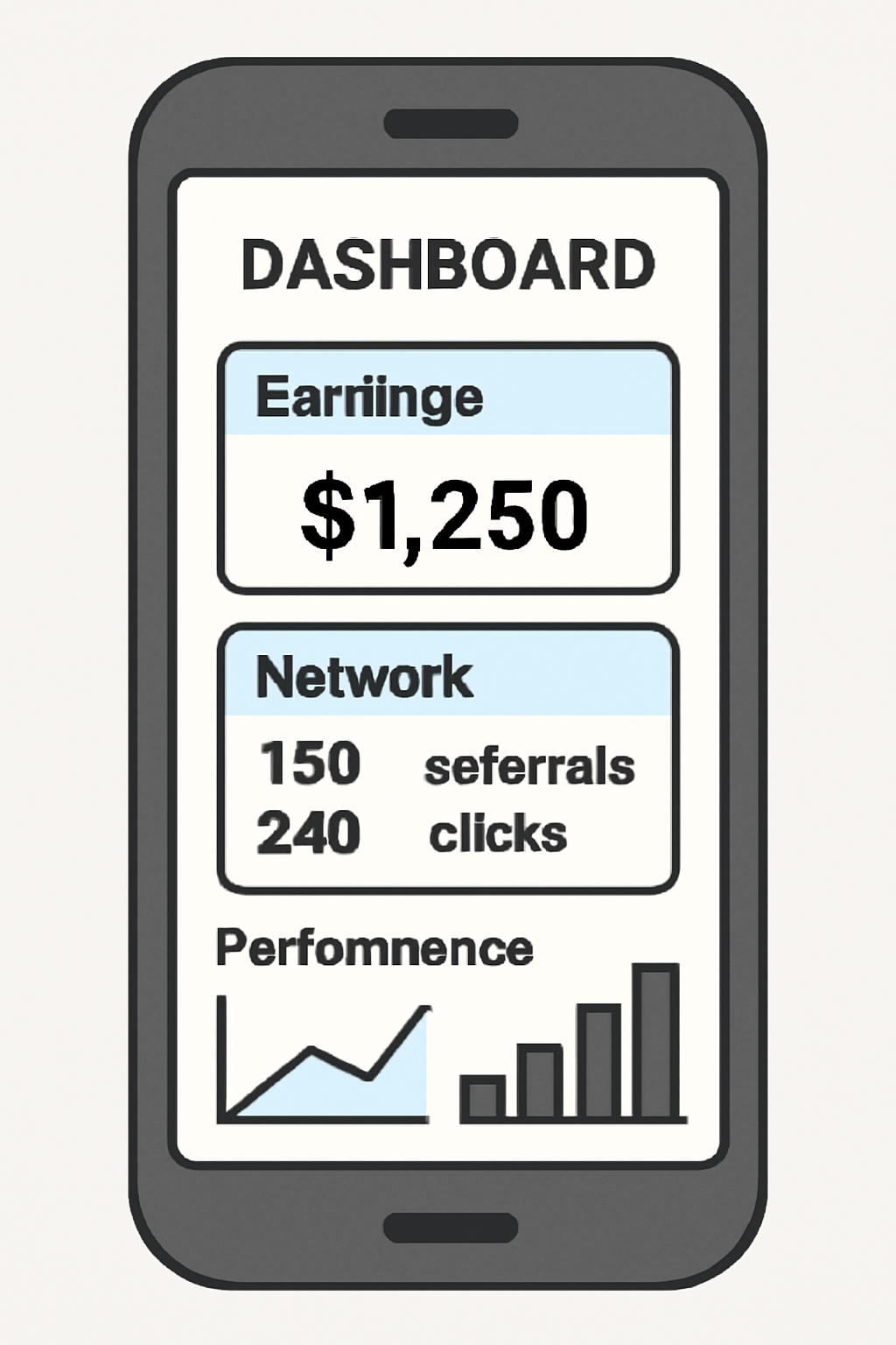 A smartphone dashboard displaying real-time earnings, network stats, and performance graphs.