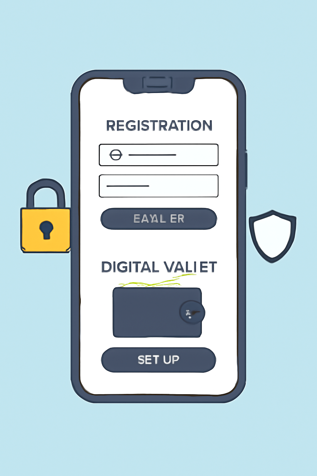 A smartphone displaying a registration form and a digital wallet setup screen, with security icons like a lock and shield.