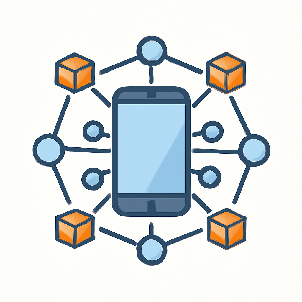 A modern smartphone surrounded by network nodes and blockchain icons, symbolizing decentralized infrastructure.