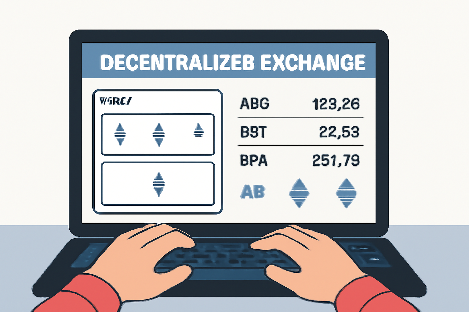 A user browsing a decentralized exchange interface on a laptop, with synthetic stock tickers and Ethereum logos visible.