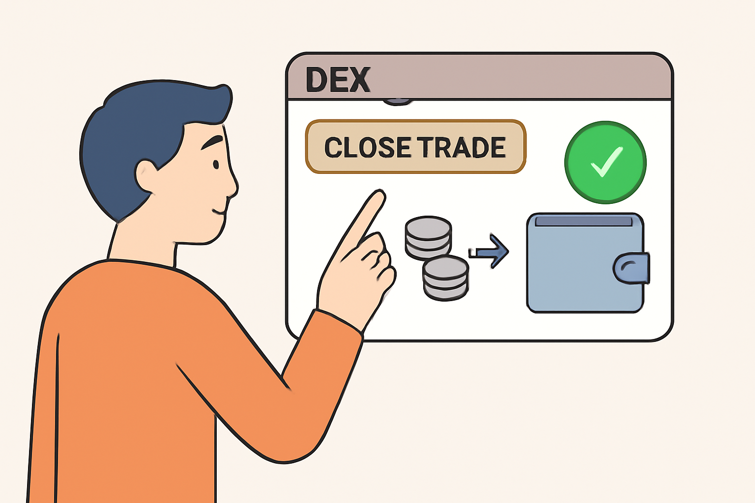 A user closing a trade and withdrawing tokens from the DEX to their wallet, with a confirmation checkmark.