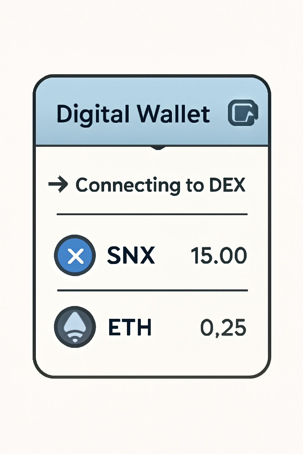 A digital wallet interface connecting to a DEX, showing SNX and ETH balances.