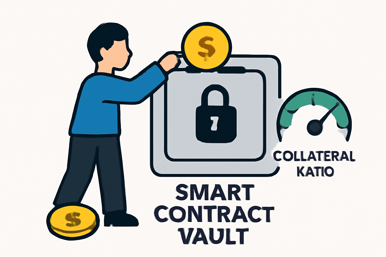 A user depositing tokens into a smart contract vault, with a lock symbol and collateral ratio indicator.