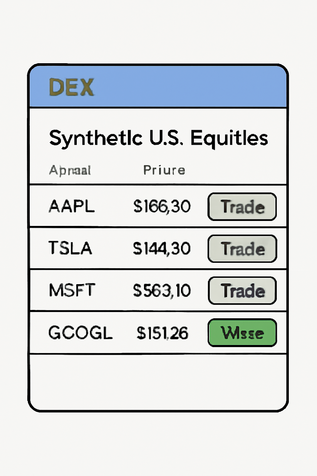 A DEX interface showing a list of synthetic U.S. equities, with a highlighted 'Mint' or 'Trade' button.