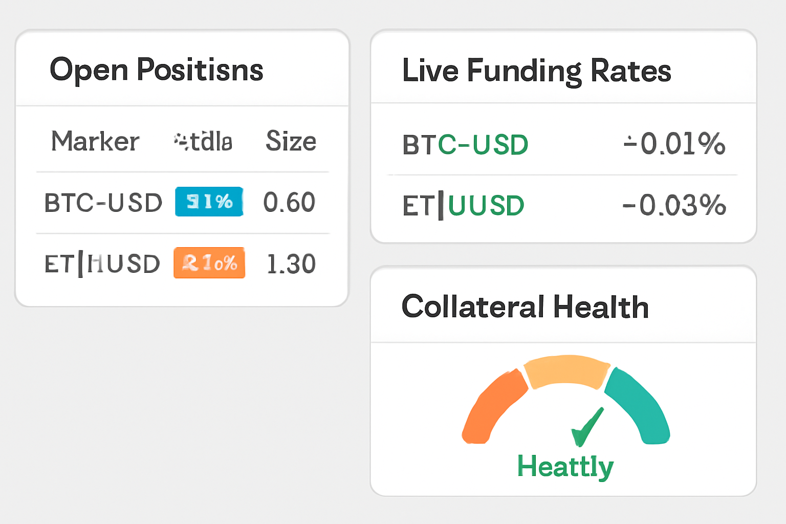 A dashboard showing open positions, live funding rates, and collateral health meter.