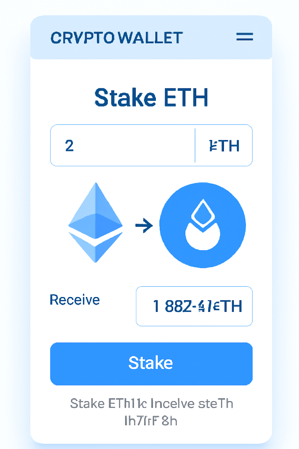 clean crypto wallet interface staking ETH to stETH on Lido app, modern UI, blue tones