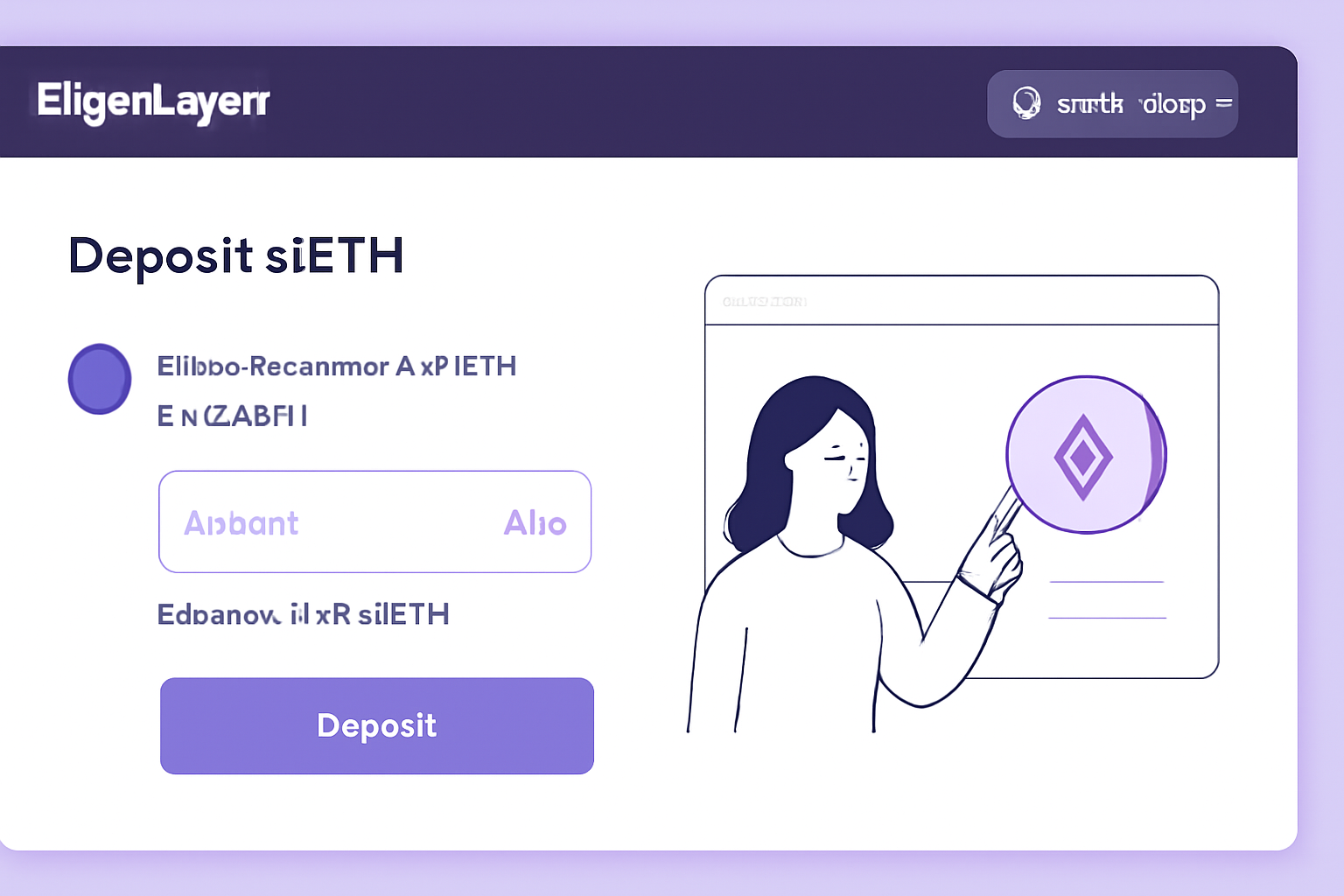 EigenLayer web app deposit stETH screen, wallet connected, sleek dashboard, purple accents