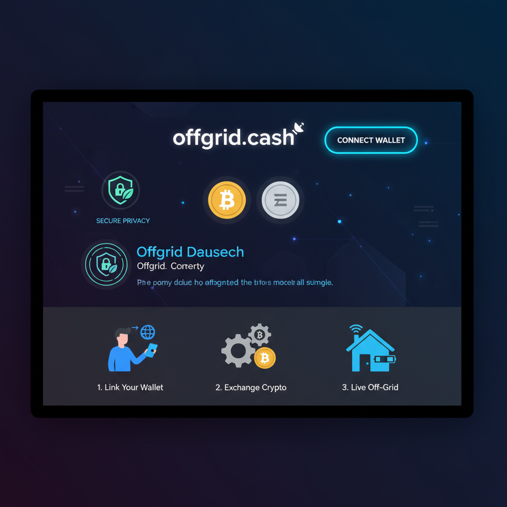 modern dark-themed offgrid.cash homepage, wallet connect button highlighted, crypto icons BTC ETH, secure privacy shield emblem