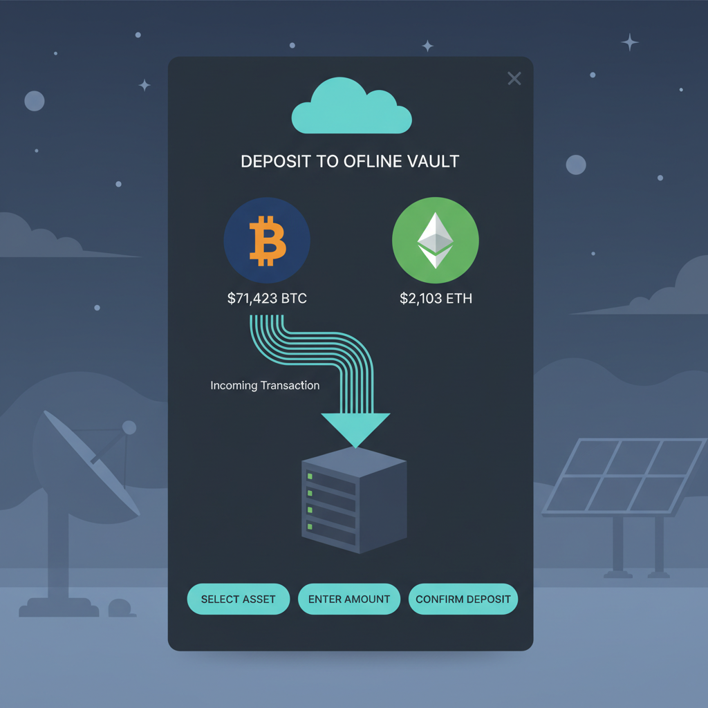 crypto wallet deposit screen on offgrid platform, BTC and ETH icons with current prices $71,423 BTC $2,103 ETH, transaction arrow flowing in
