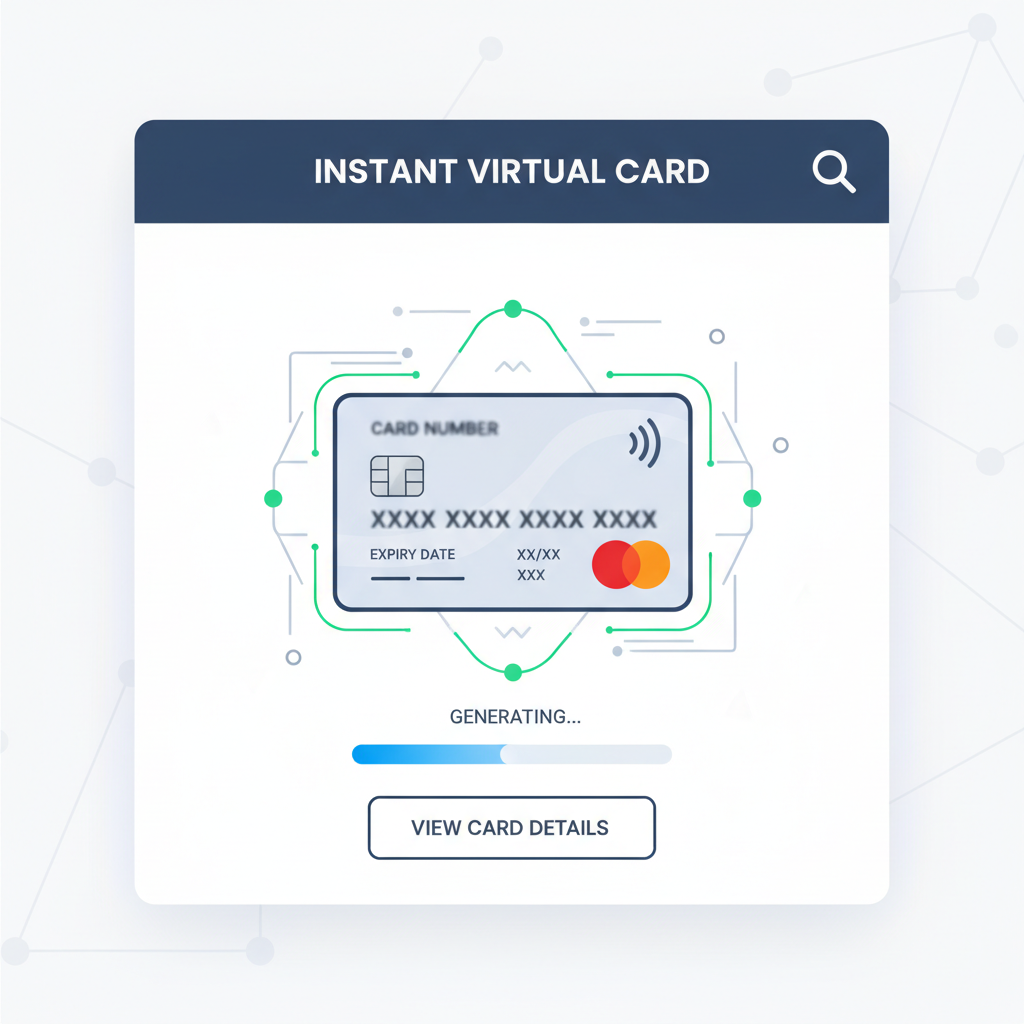 offgrid dashboard showing newly generated virtual debit card details blurred for security, Mastercard logo, instant generation animation