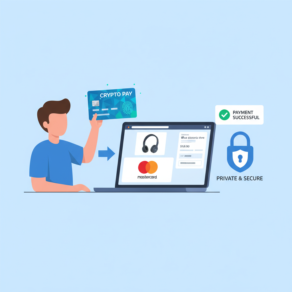 person using virtual crypto debit card for online purchase on laptop, merchant checkout with Mastercard, success confirmation, privacy lock icon