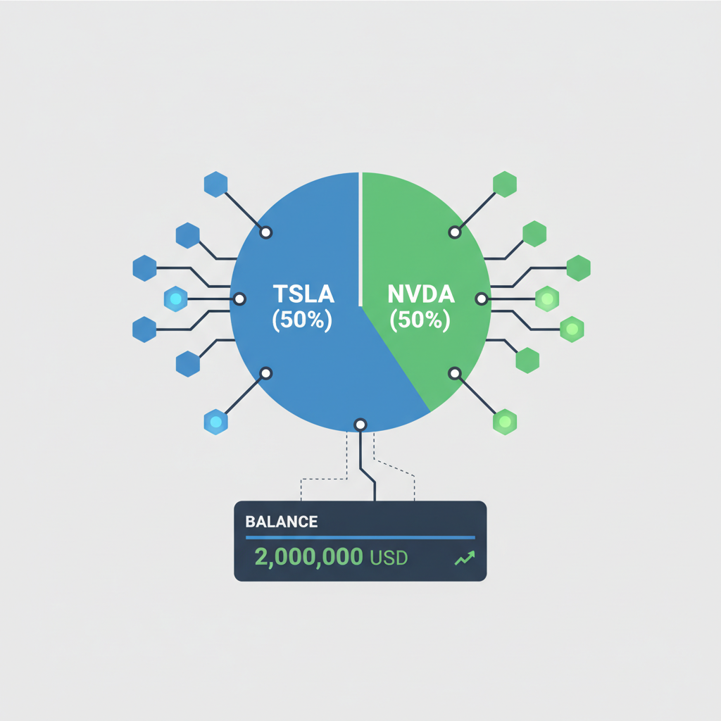 diversified portfolio pie chart TSLAx NVDAx 50/50, blockchain nodes connecting stocks, glowing balance dashboard