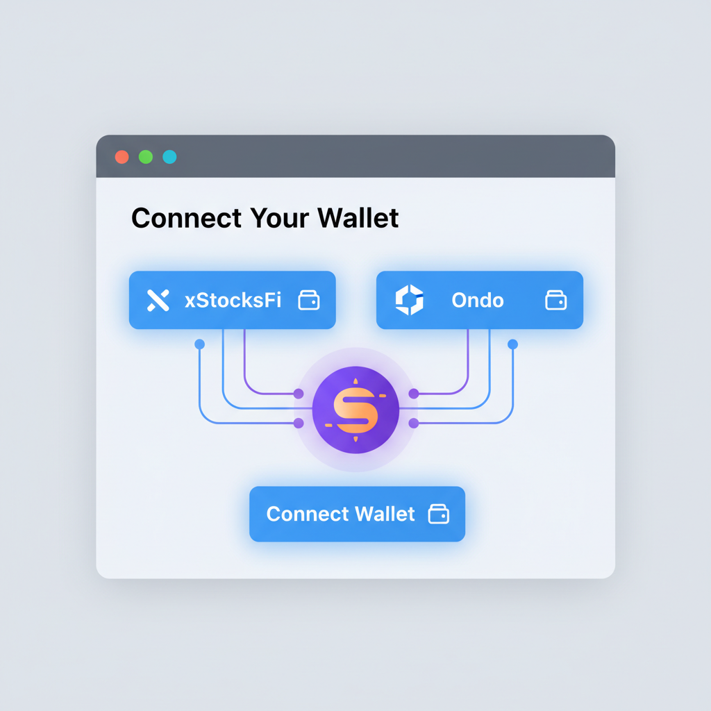 browser window showing wallet connect button to xStocksFi and Ondo platforms, Solana logo pulsing, neon connections