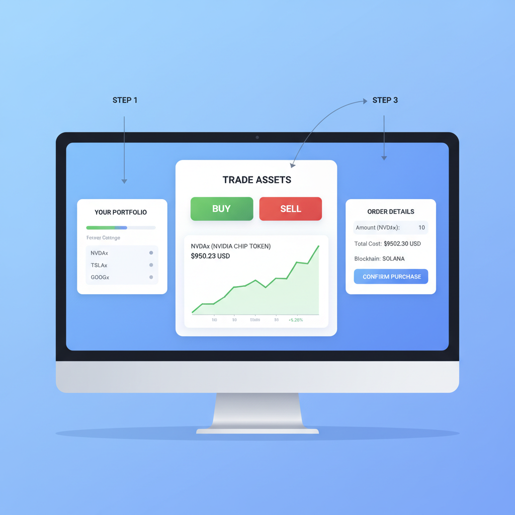 Ondo Global Markets interface purchasing NVDAx, Nvidia chip graphics tokenized, Solana blockchain, dynamic charts