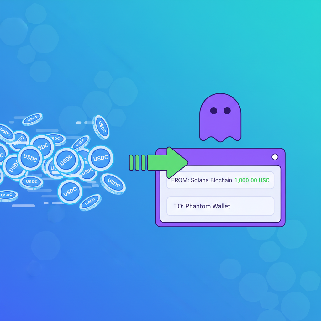 USDC tokens flowing into Phantom wallet on Solana, blockchain transaction animation, vibrant digital currency stream