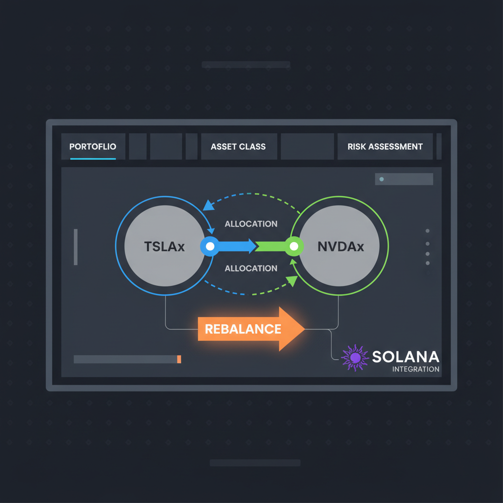 rebalancing graph TSLAx to NVDAx, arrows shifting allocations, futuristic analytics dashboard, Solana integration