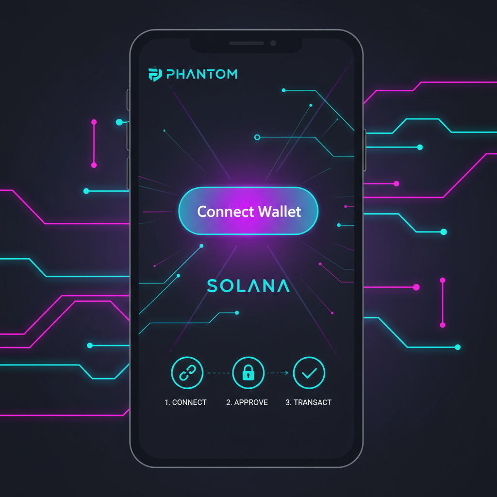 sleek Phantom wallet app interface on mobile, Solana blockchain glow, futuristic UI, cyberpunk style