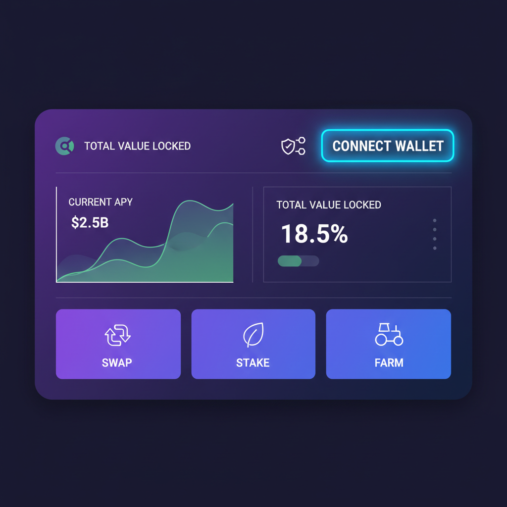 sleek futuristic DeFi dashboard with wallet connect button glowing neon blue
