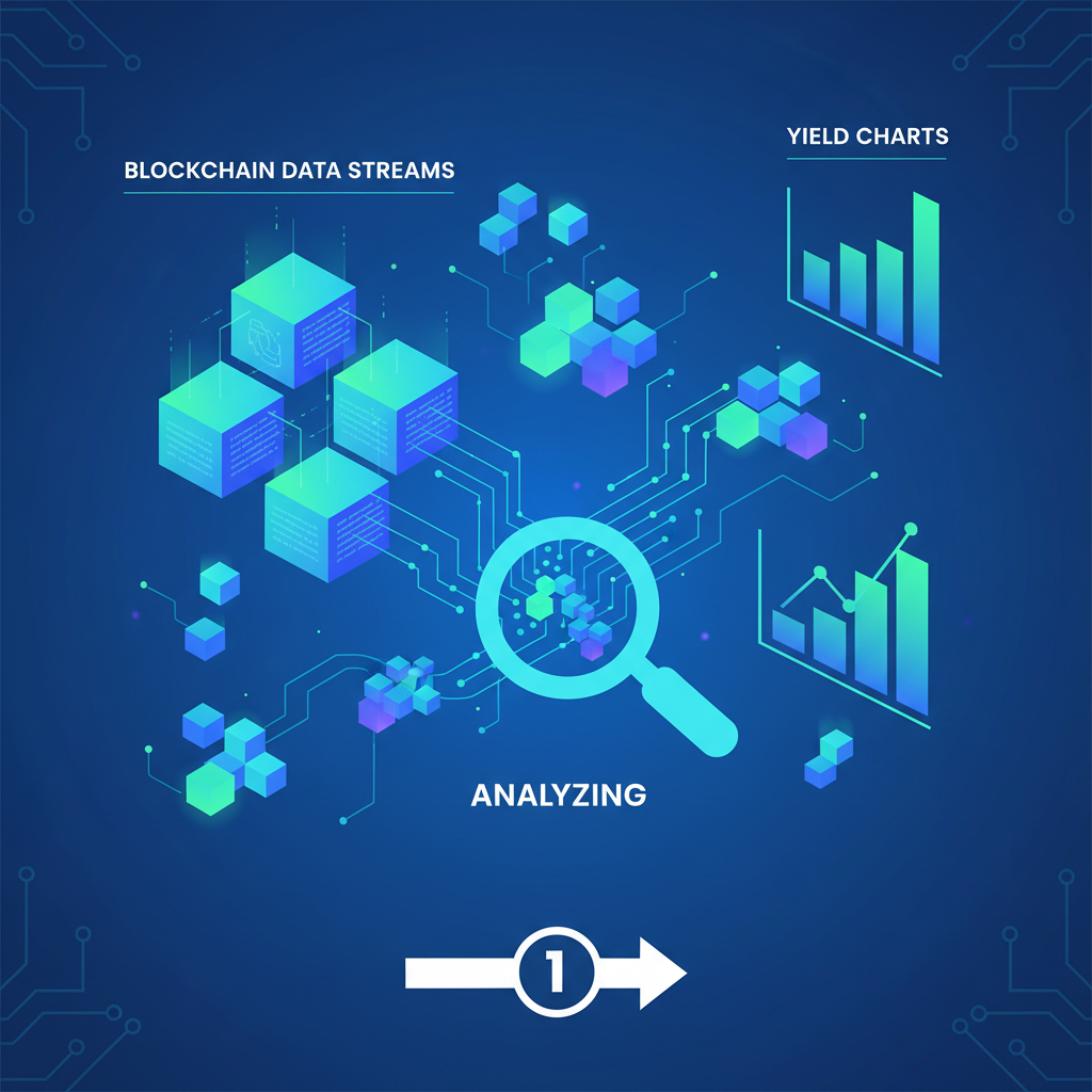swarm of glowing AI agents analyzing blockchain data streams and yield charts