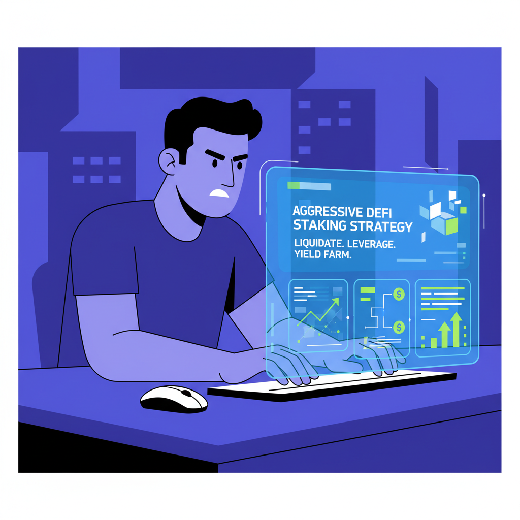 intense trader typing aggressive DeFi prompt on holographic screen