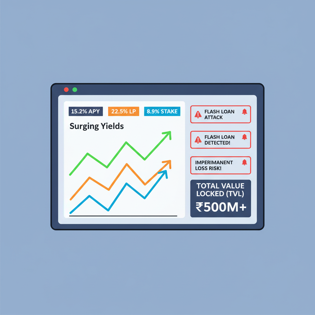 real-time DeFi monitoring dashboard with surging yield graphs and alerts