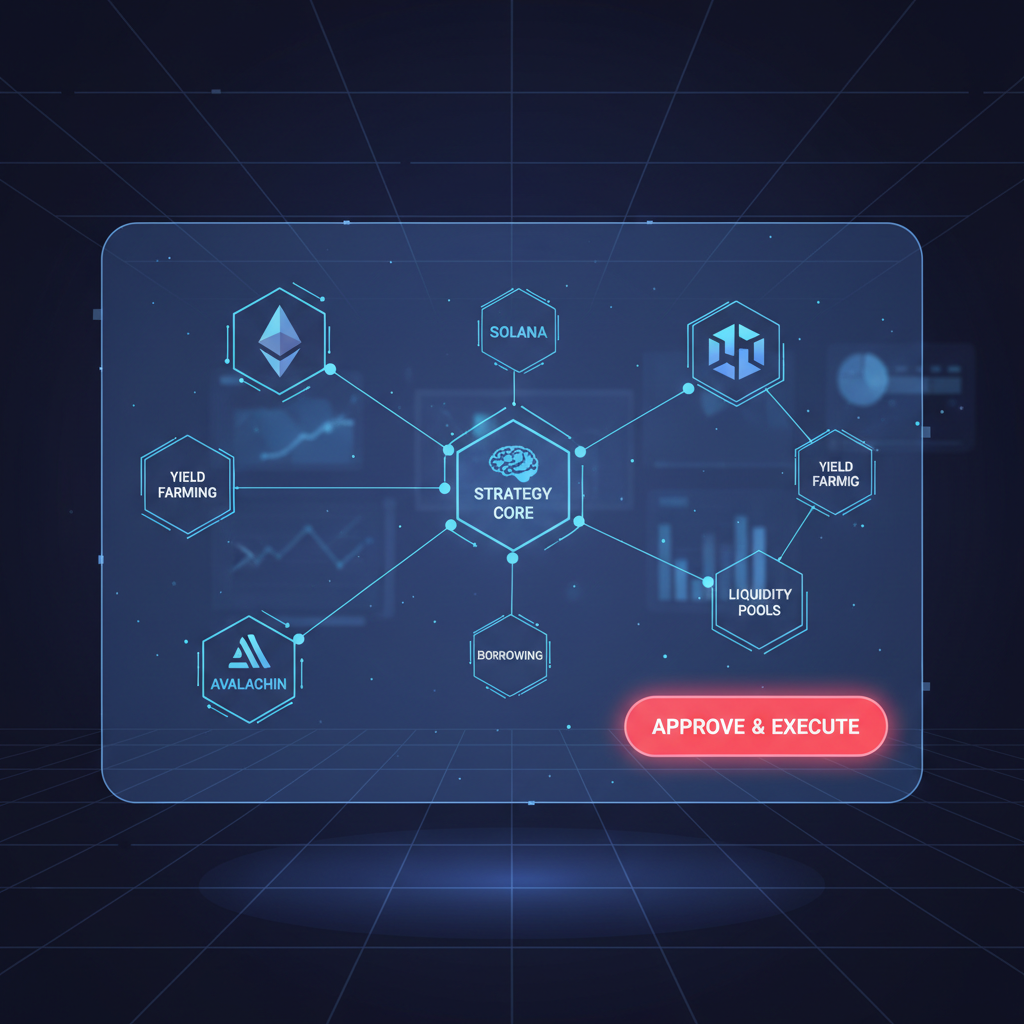 holographic DeFi strategy map with chains connected, approval button pulsing red