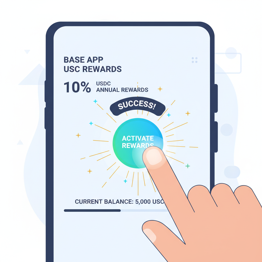 finger tapping activate button on Base App USDC rewards screen, success glow