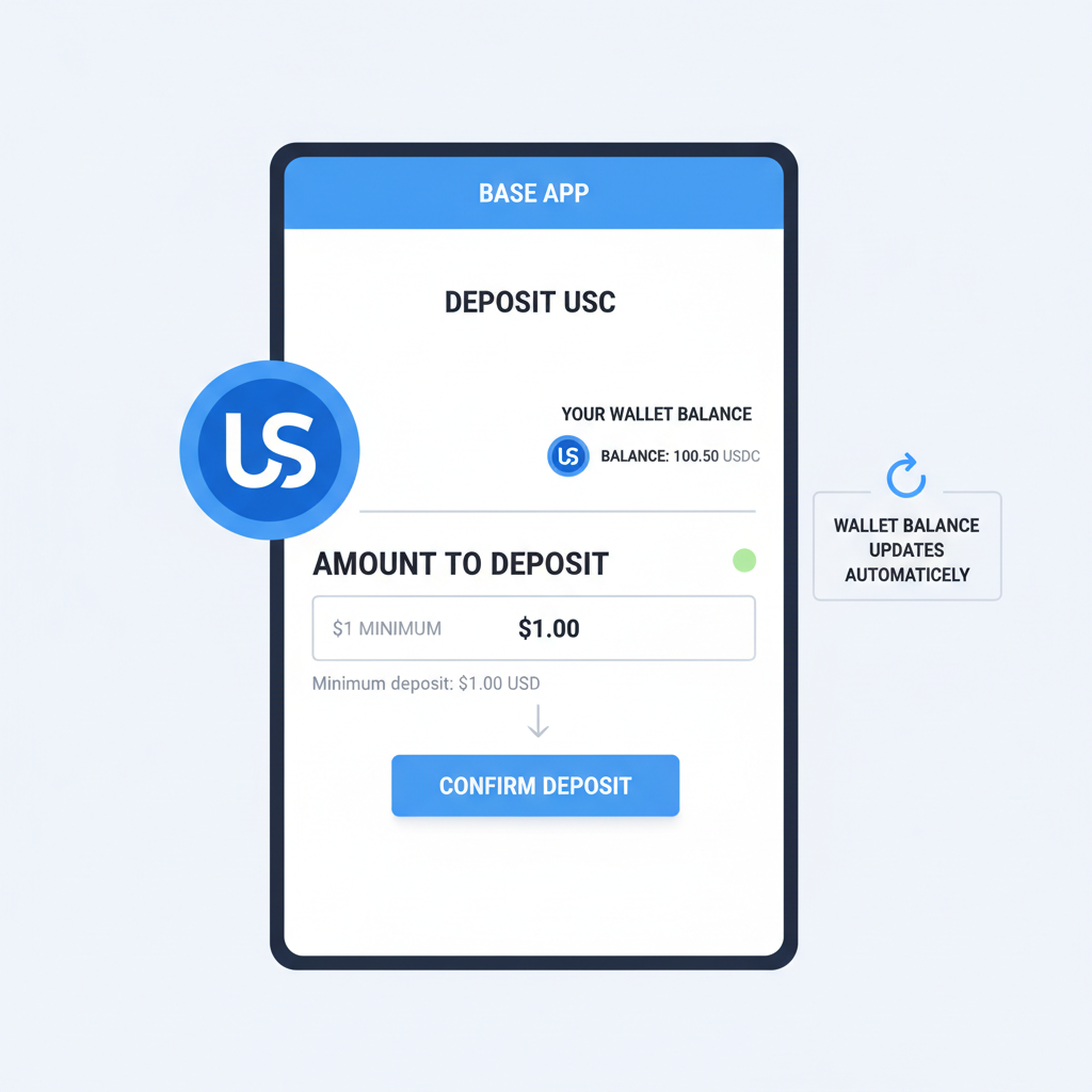Base App deposit screen for USDC showing $1 minimum, wallet balance update