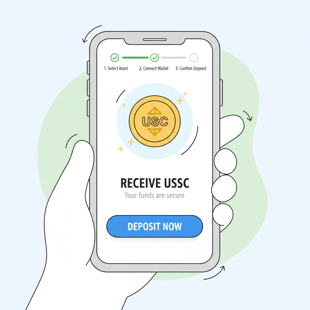 Base App wallet screen showing USDC deposit, glowing coins, beginner friendly