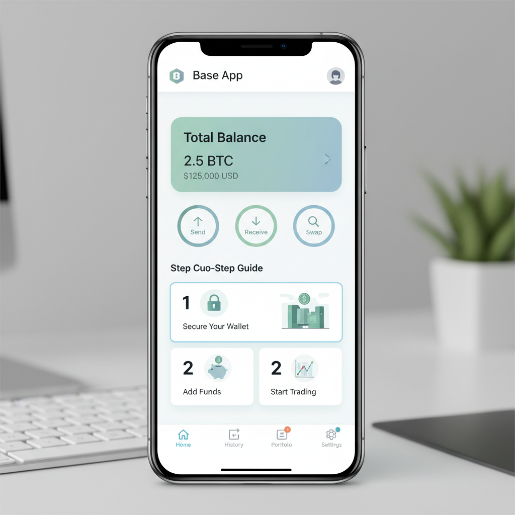 mobile phone screen showing Base App home interface, clean modern crypto wallet design
