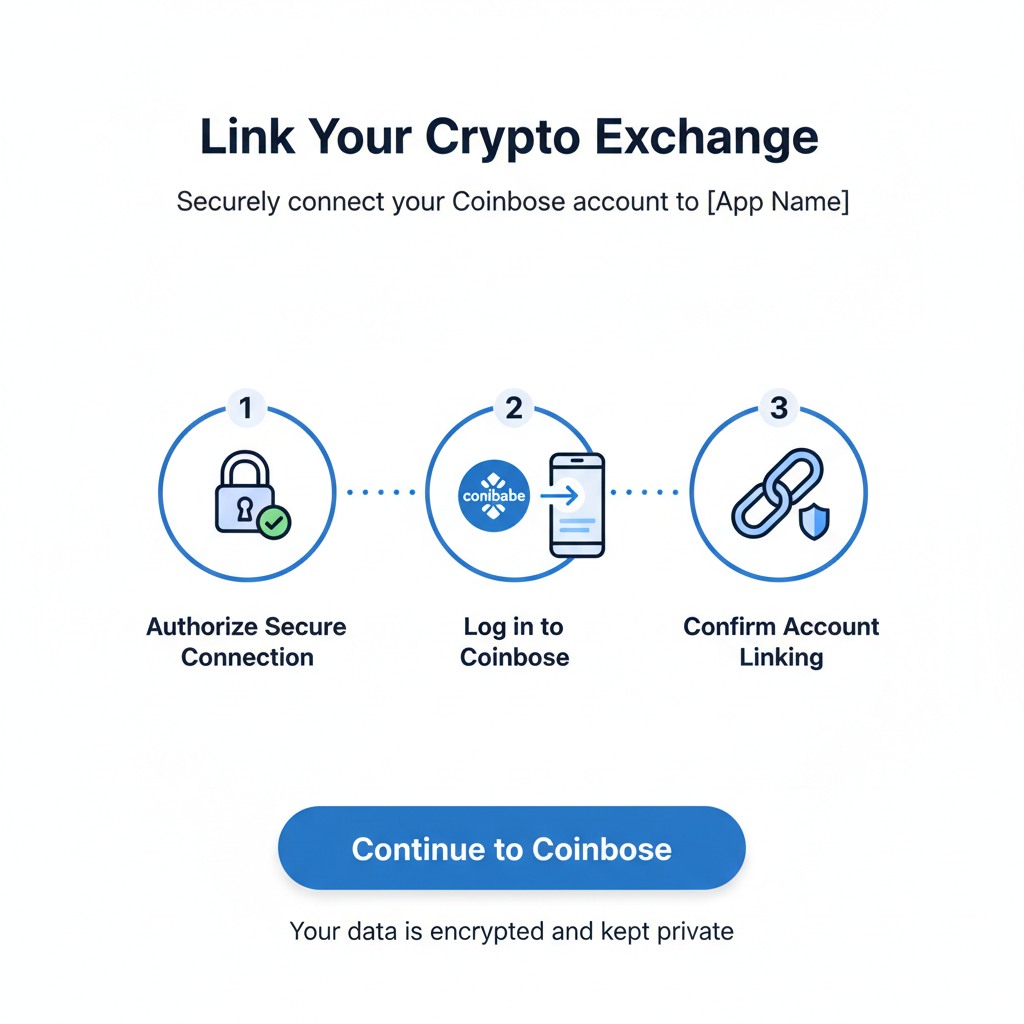 Base App screen showing Coinbase account linking interface, secure connection icons