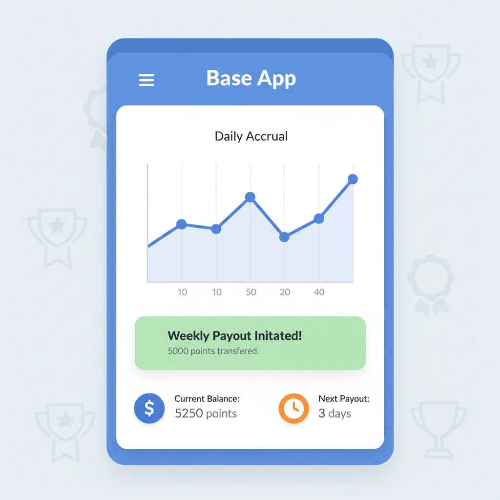 Base App rewards dashboard showing daily accrual graph and weekly payout notification