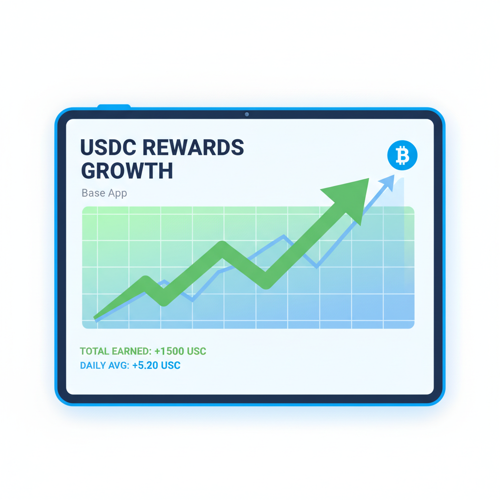 dashboard showing USDC rewards growth chart in Base App, upward arrow