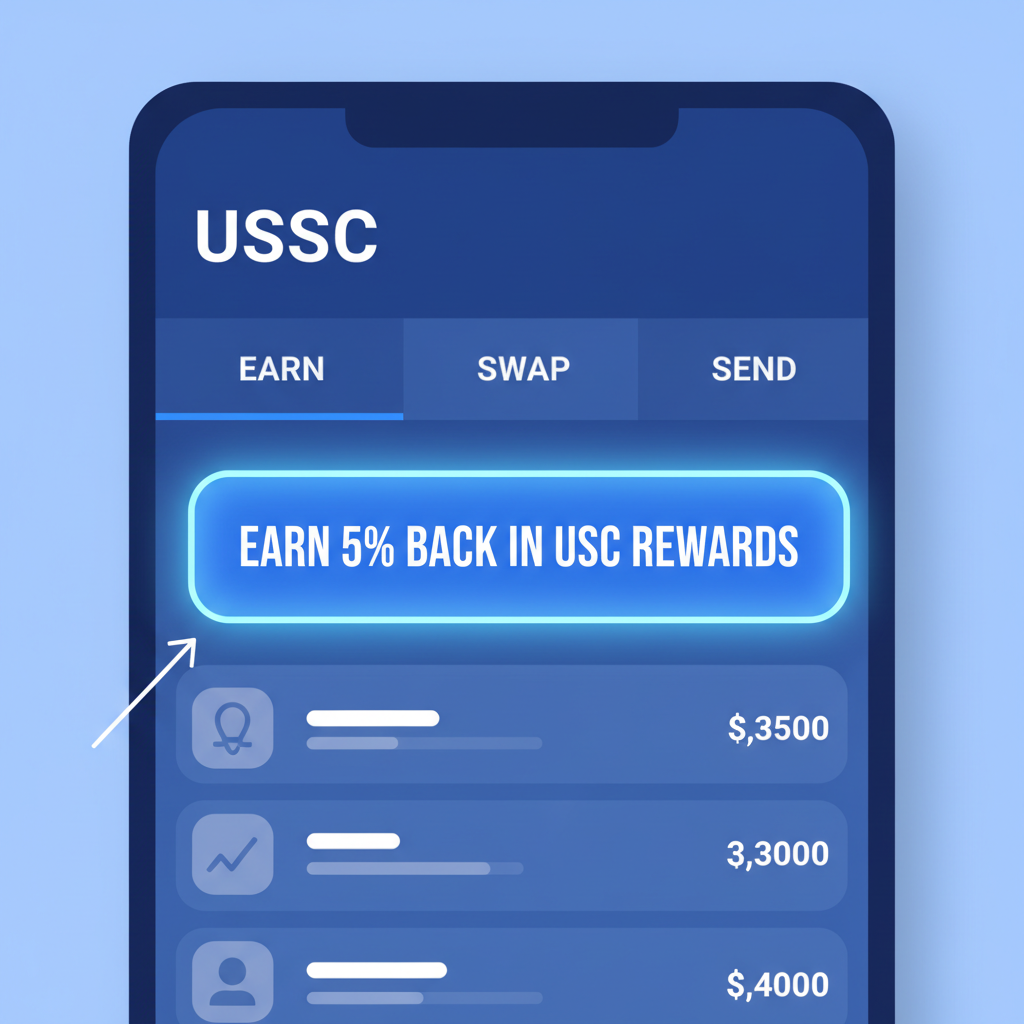 closeup Base App USDC page with rewards banner highlighted, blue tones
