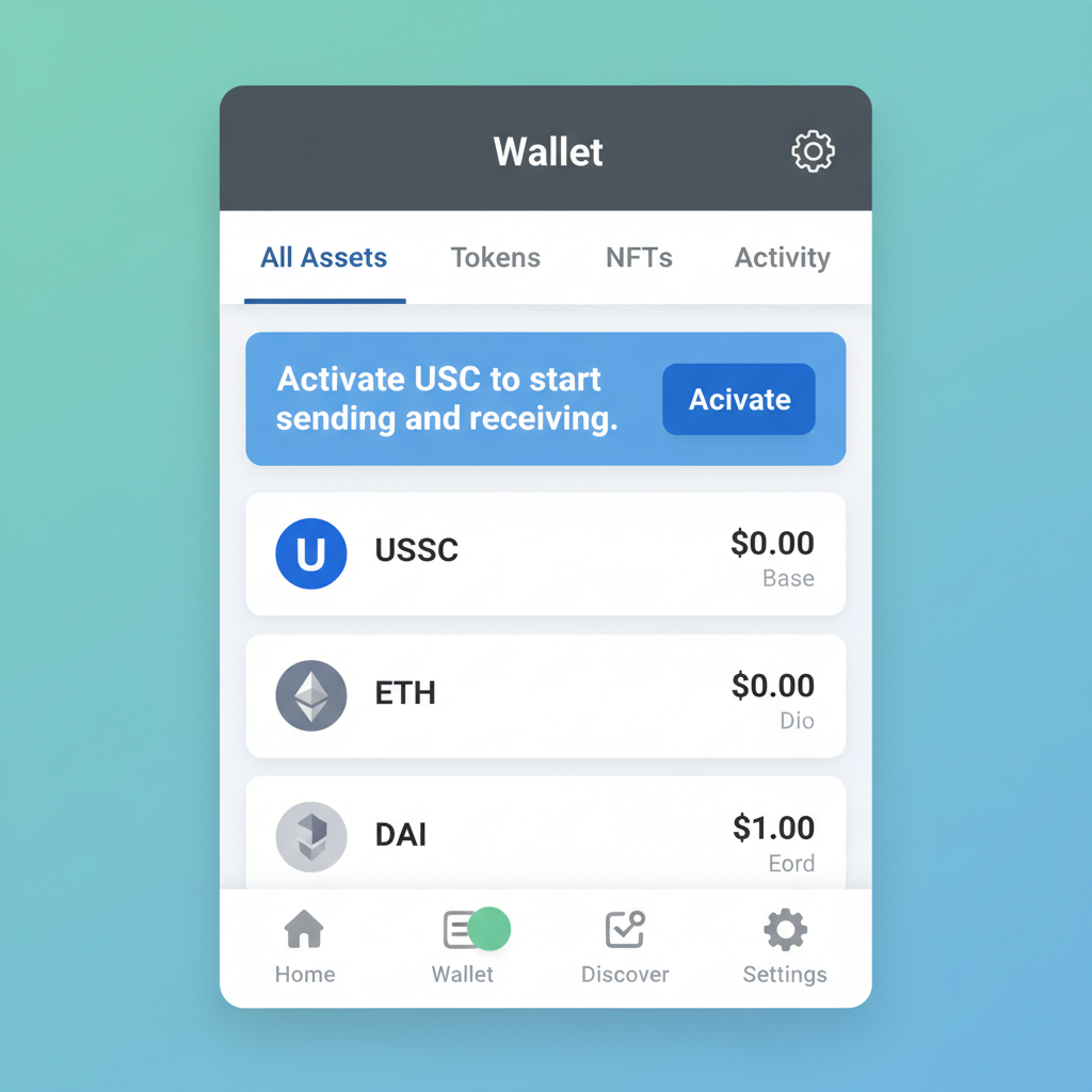 Base App wallet tab screenshot highlighting USDC page with activation banner