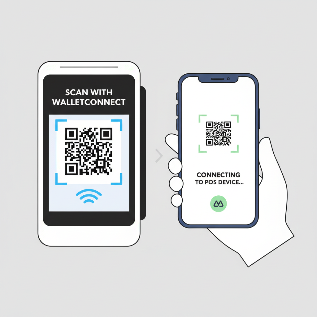 POS terminal pairing with smartphone wallet via WalletConnect QR code scan, NFC icons, clean interface