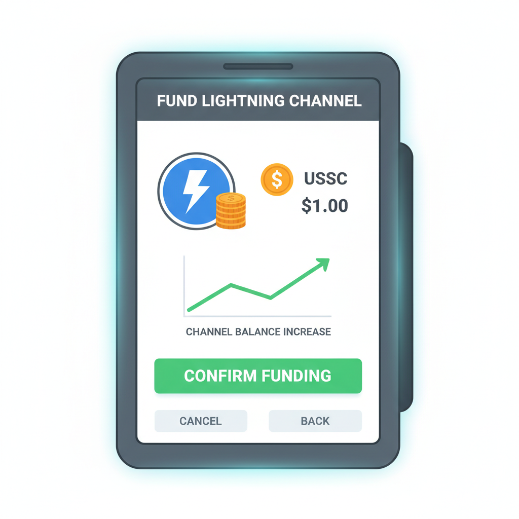 funding Lightning channel on POS terminal screen with USDC at $1.00, wallet interface, green confirm button