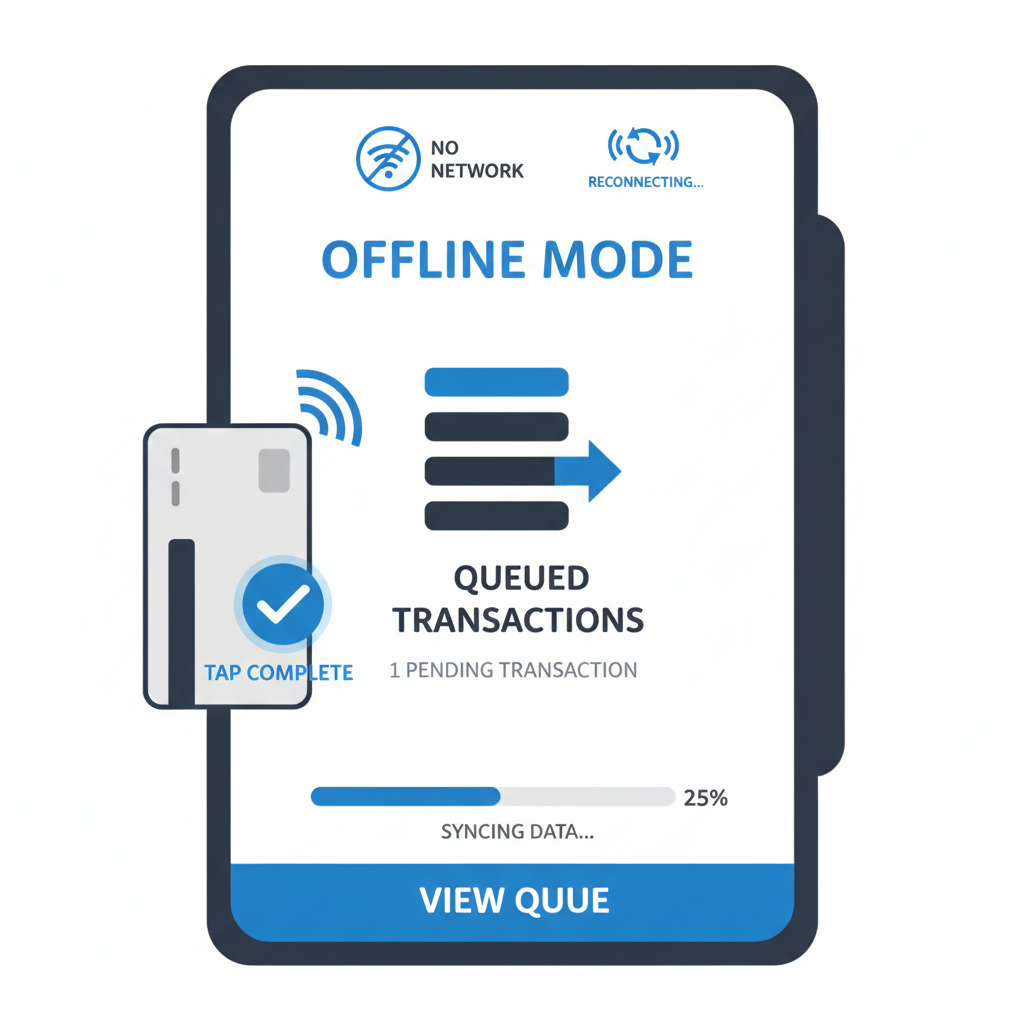 POS terminal in offline mode, queued transaction screen, NFC tap simulation, network reconnect icon