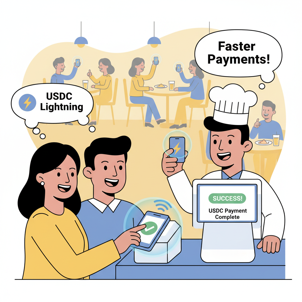 busy restaurant with happy customers tapping NFC on POS terminal, USDC Lightning success, merchant smiling
