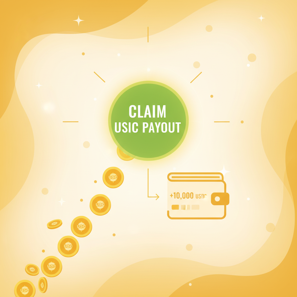 USDC payout claim button glowing, coins transferring to wallet, celebratory gold tones