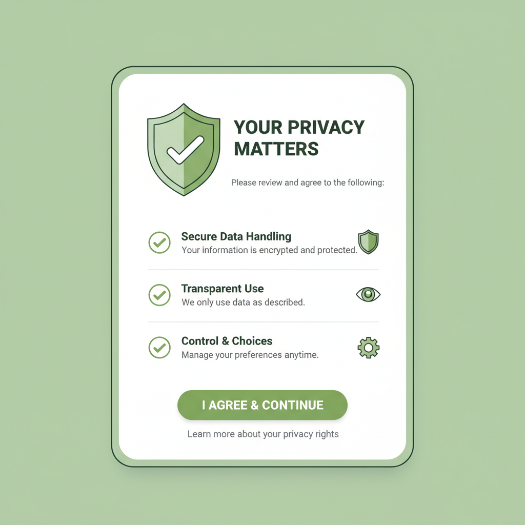privacy consent screen with checkmarks, shield icons, green accents, trustworthy design