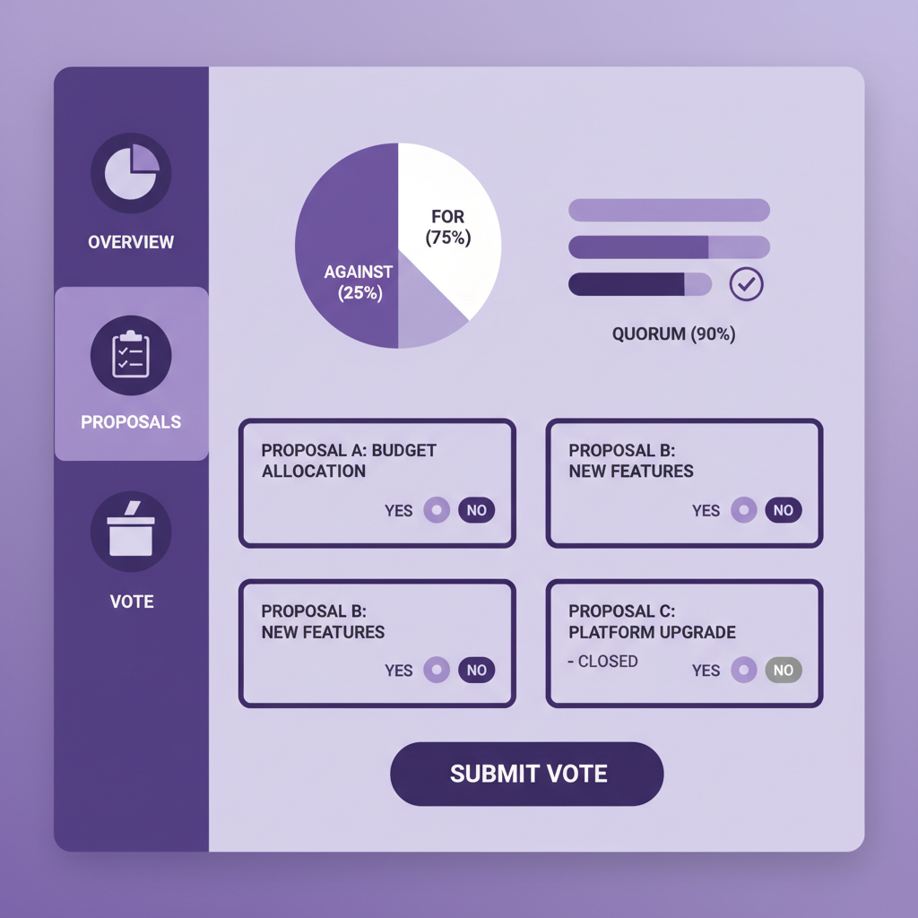 governance voting dashboard, charts and ballots, professional interface, purple hues