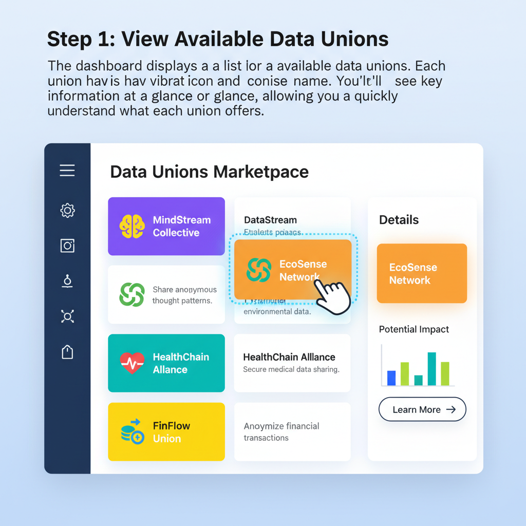 list of data unions on dashboard, user selecting one, modern UI, vibrant icons