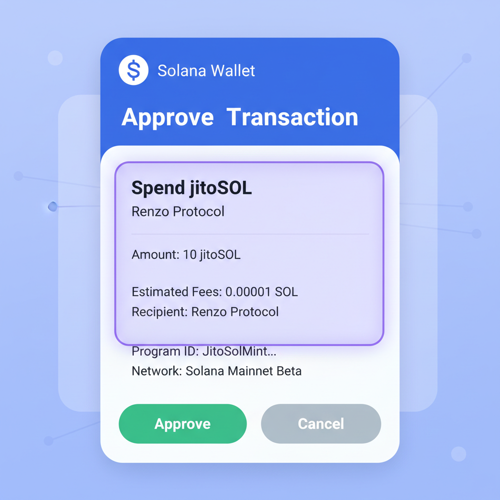 Solana wallet approval screen for jitoSOL spend on Renzo, transaction details highlighted, secure DeFi interface