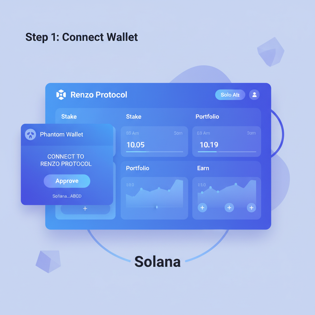 clean screenshot of Phantom wallet connecting to Renzo Protocol UI on Solana, modern DeFi dashboard, blue purple tones